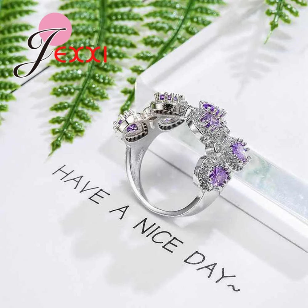 925 Sterling Silver Engagement Ring for Women Purple CZ Stone Paved Promise Rings