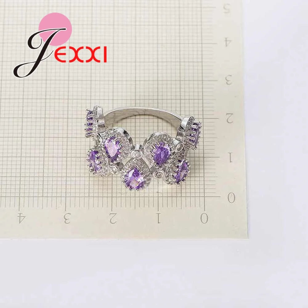 925 Sterling Silver Engagement Ring for Women Purple CZ Stone Paved Promise Rings