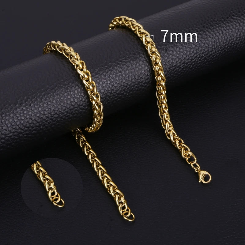 Gold Color Wheat Braided Stainless Steel Necklace Link Classic Curb Chain for Men Women Jewelry