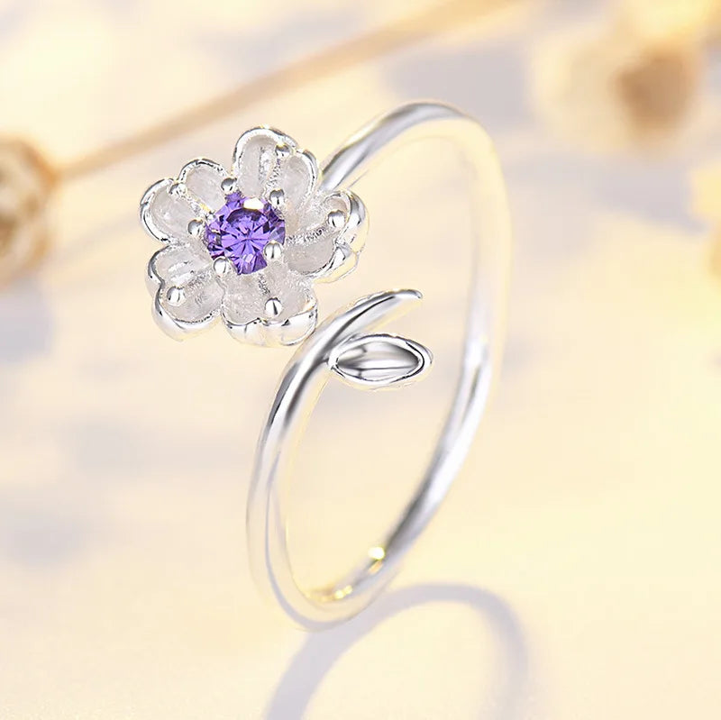 925 Sterling Silver Ring Adjustable Open Flowers Couple Engagement Rings For Women