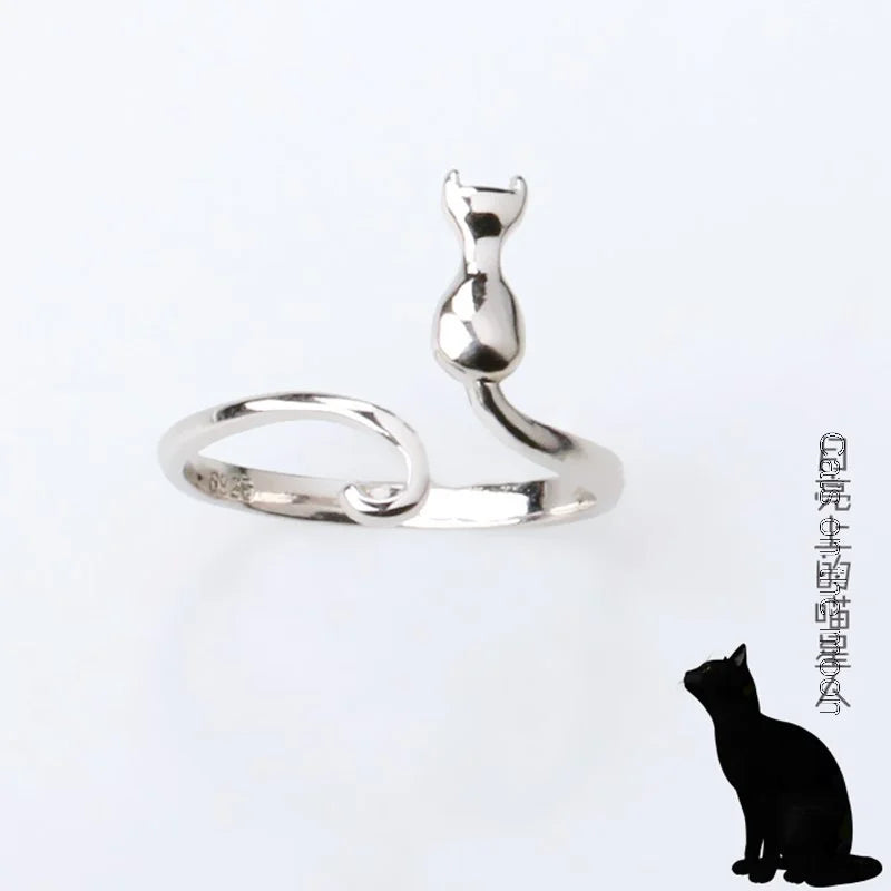 925 silver plating Little Cat Open Ring