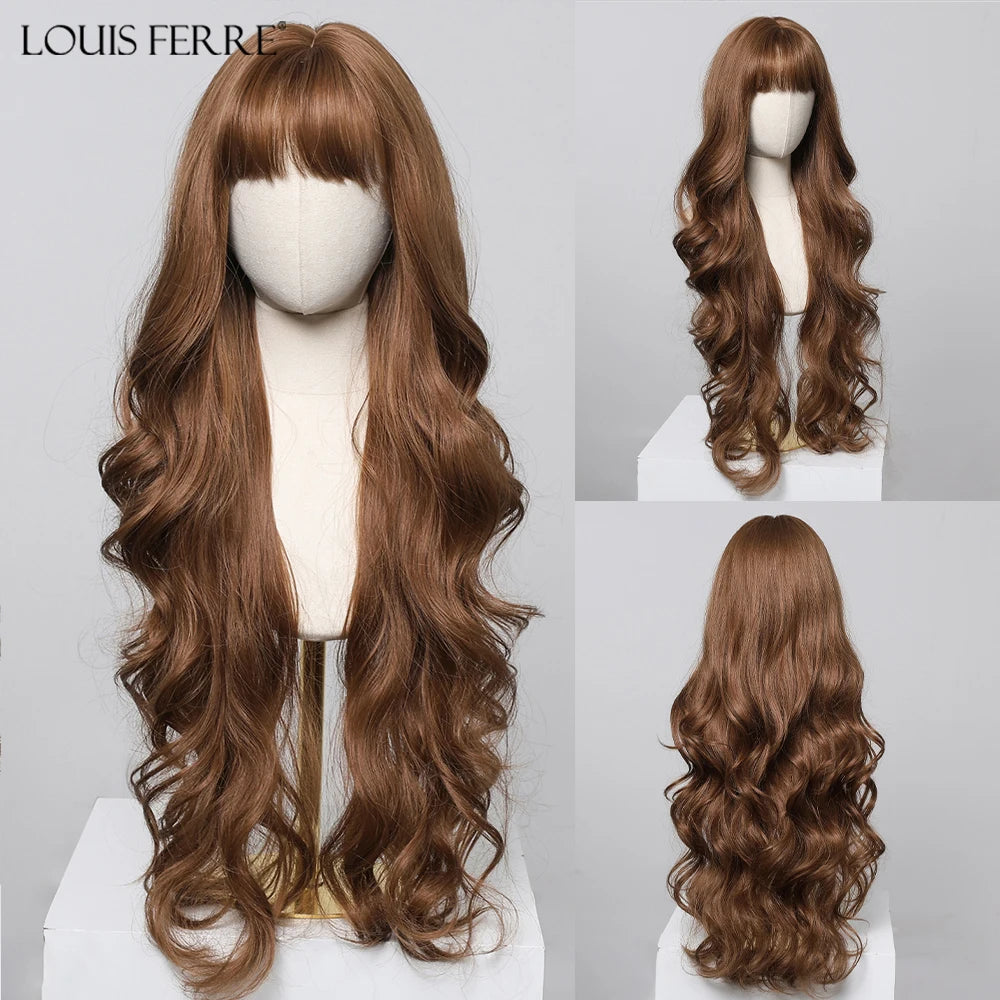 LOUIS FERRE Brown With Blonde Highlights Synthetic Wigs With Side Bangs