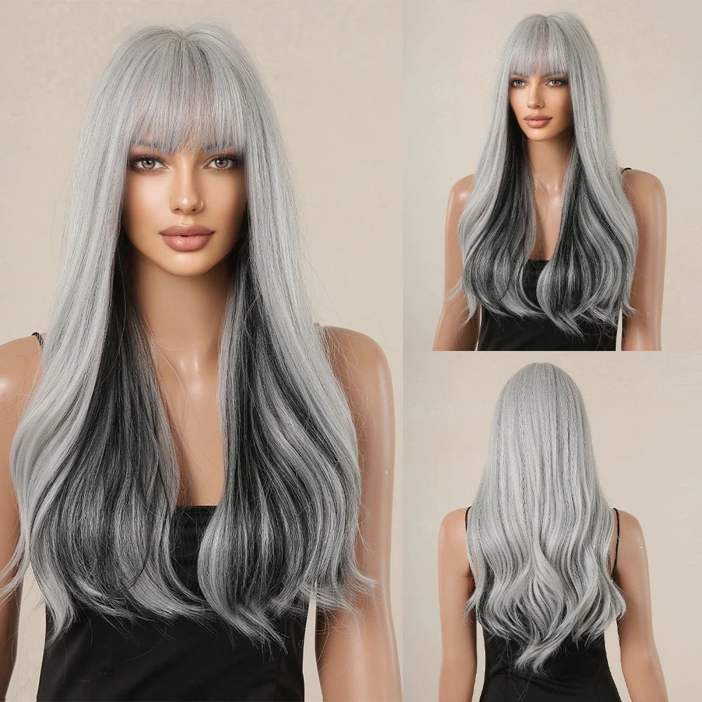 Long Wavy Curly Gray Brown Synthetic Wigs for Women