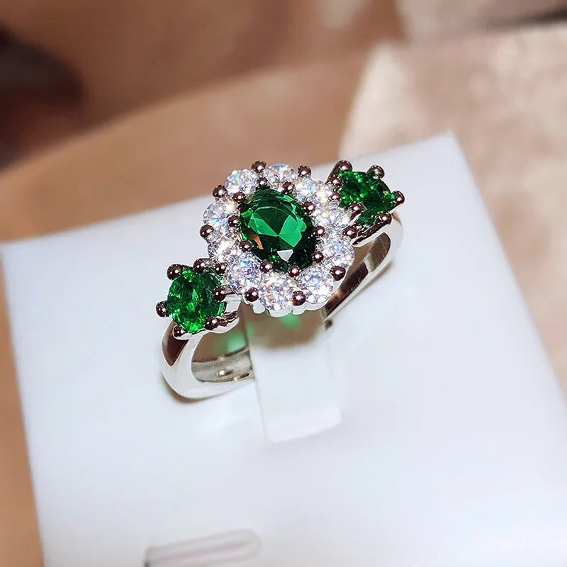 925 silver inlaid AAAAA zirconia green gemstone flowers engagement rings for women exquisite and sweet Jewelry