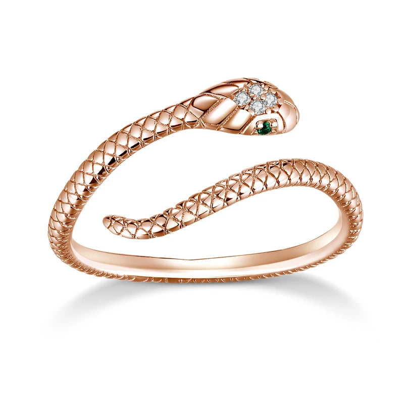 925 Sterling Silver Platinum Plated Adjustable Ring, Green Zircon Retro Textures Snake Ring