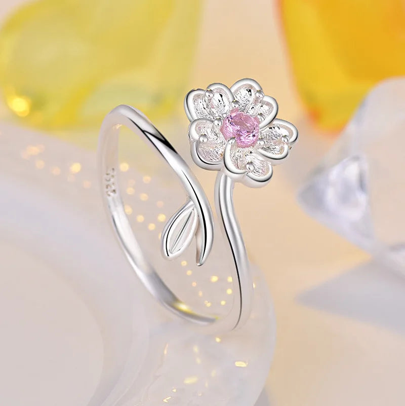 925 Sterling Silver Ring Adjustable Open Flowers Couple Engagement Rings For Women