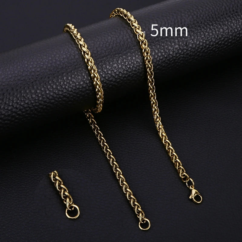 Gold Color Wheat Braided Stainless Steel Necklace Link Classic Curb Chain for Men Women Jewelry