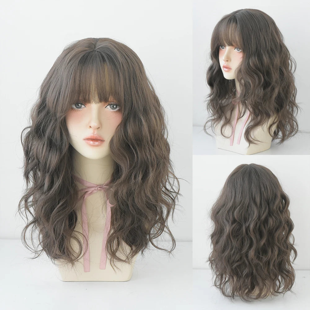 Long Curly Hair Women Wig with Bangs Daily Brown Black Pink ..