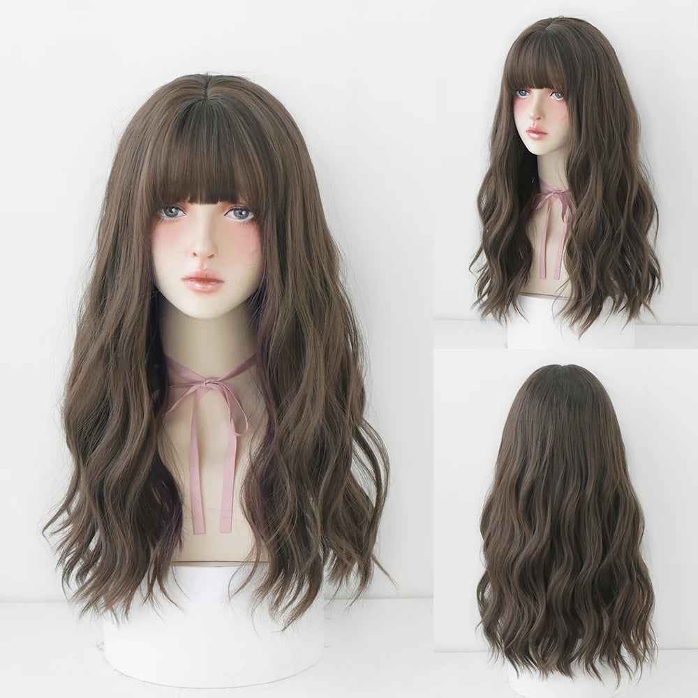 Long Curly Hair Women Wig with Bangs Daily Brown Black Pink ..