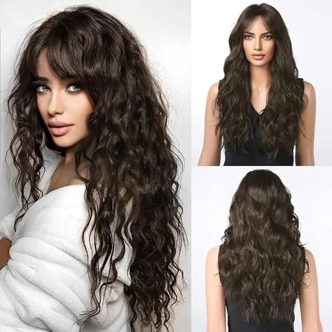 Long Wavy Curly Gray Brown Synthetic Wigs for Women