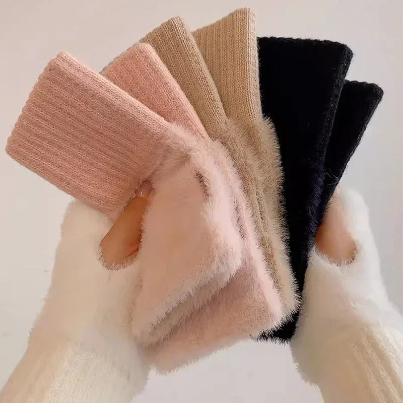 Soft Winter Half Finger Gloves Women