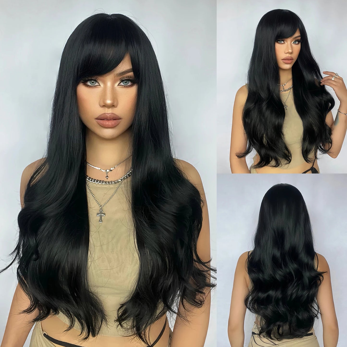 Long Wavy Curly Gray Brown Synthetic Wigs for Women