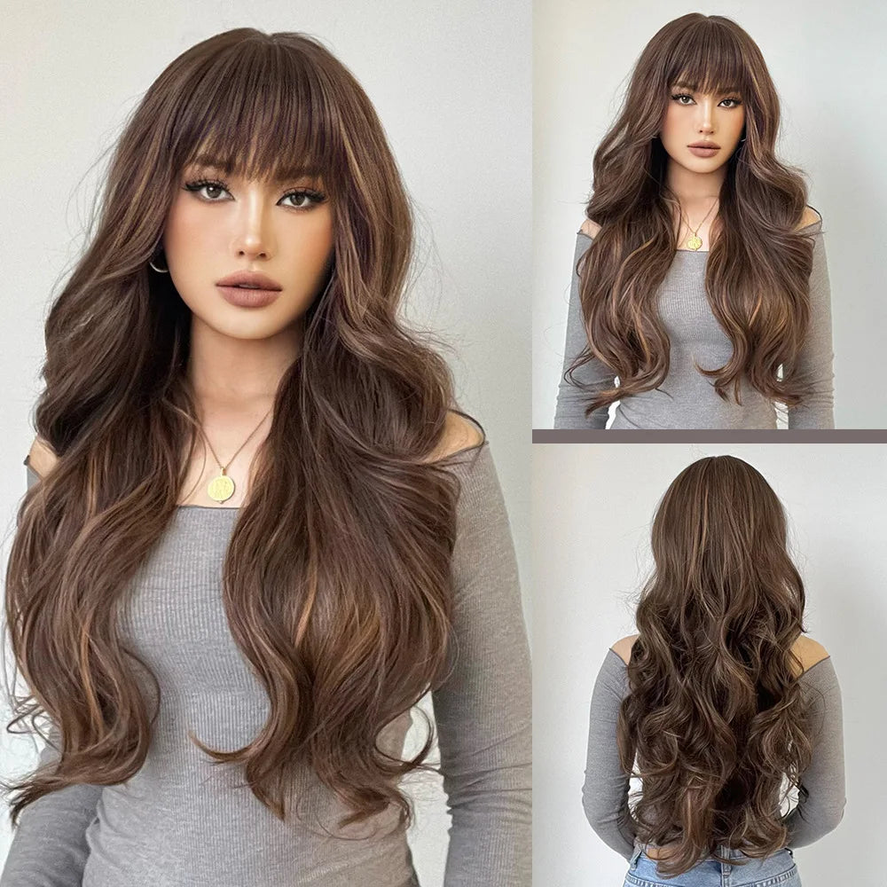 Long Wavy Curly Gray Brown Synthetic Wigs for Women