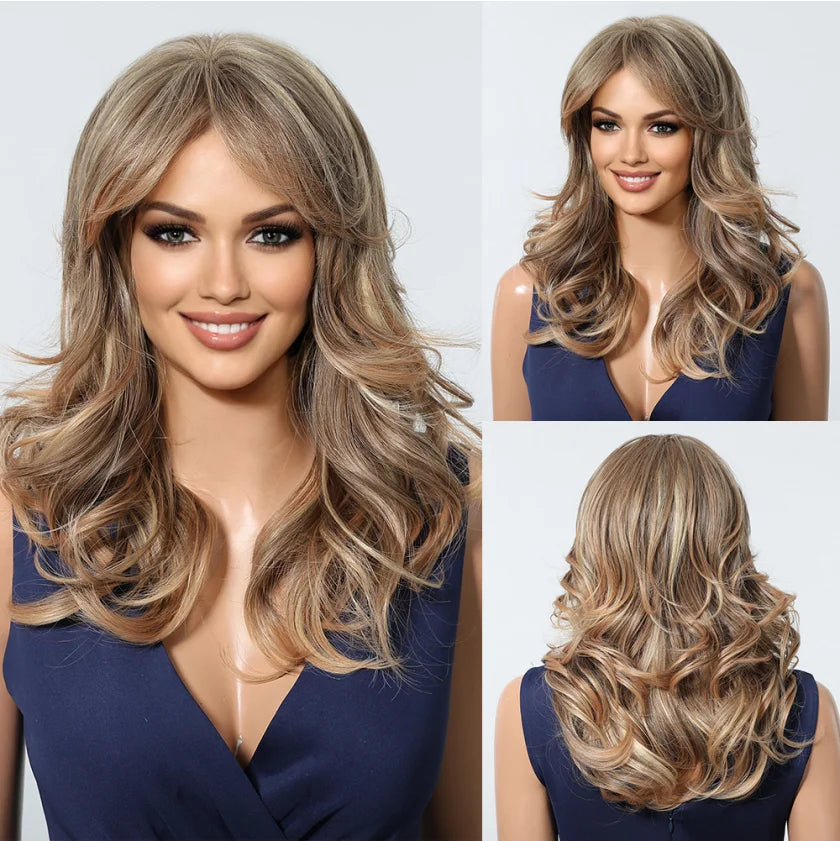 LOUIS FERRE Brown With Blonde Highlights Synthetic Wigs With Side Bangs