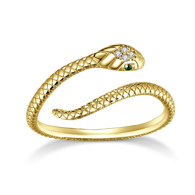 925 Sterling Silver Platinum Plated Adjustable Ring, Green Zircon Retro Textures Snake Ring