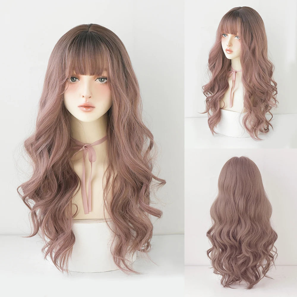 Long Curly Hair Women Wig with Bangs Daily Brown Black Pink ..