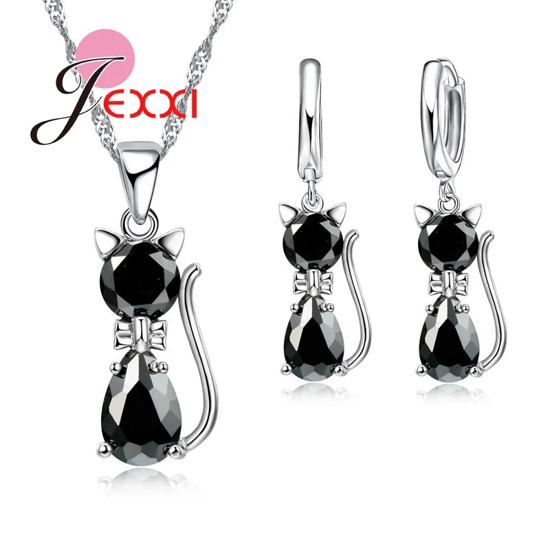 925 Sterling Silver Cute Cat Crystal Necklace Earrings Jewelry Sets