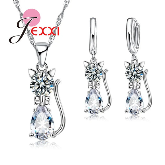925 Sterling Silver Cute Cat Crystal Necklace Earrings Jewelry Sets