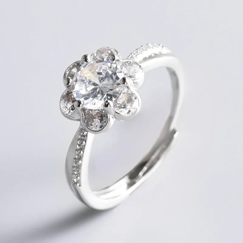 925 Jewelry Ring with Zircon Gemstone Flower Shape Open Finger Rings