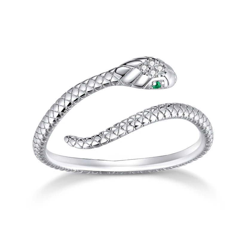 925 Sterling Silver Platinum Plated Adjustable Ring, Green Zircon Retro Textures Snake Ring
