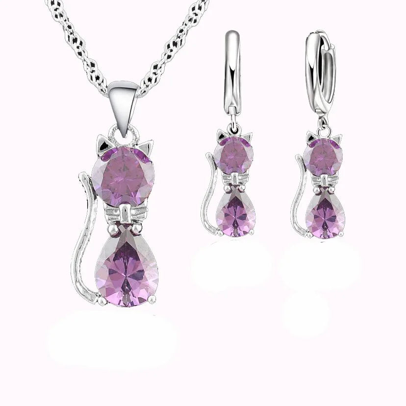 925 Sterling Silver Cute Cat Crystal Necklace Earrings Jewelry Sets