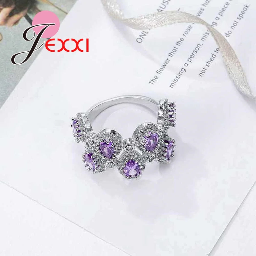925 Sterling Silver Engagement Ring for Women Purple CZ Stone Paved Promise Rings