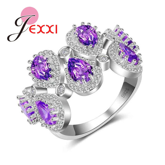 925 Sterling Silver Engagement Ring for Women Purple CZ Stone Paved Promise Rings
