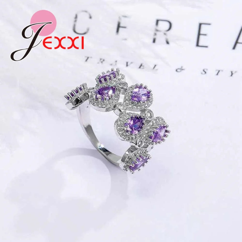 925 Sterling Silver Engagement Ring for Women Purple CZ Stone Paved Promise Rings