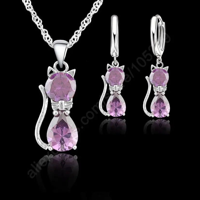925 Sterling Silver Cute Cat Crystal Necklace Earrings Jewelry Sets