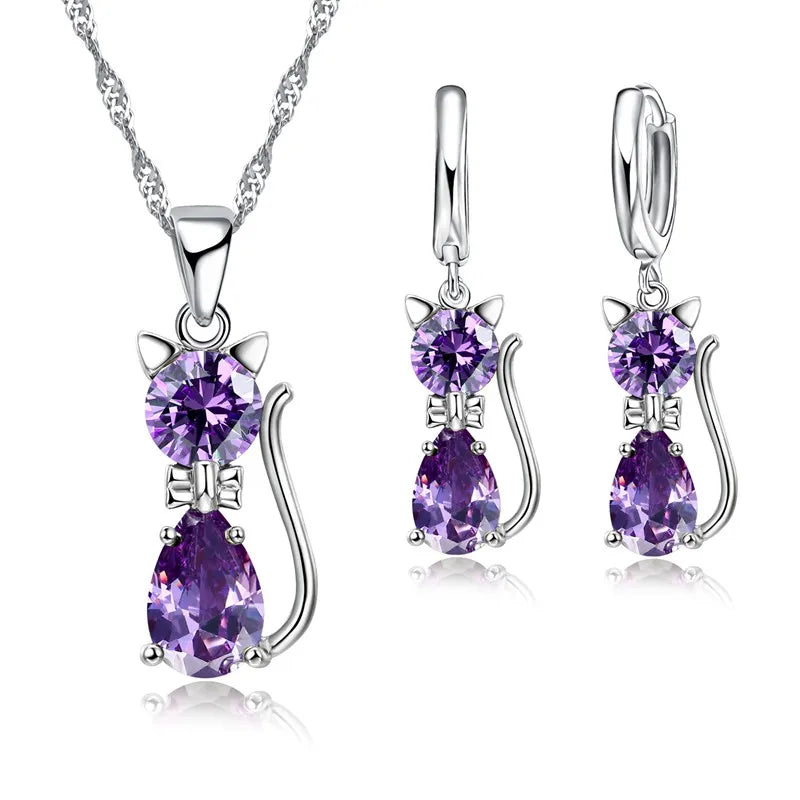 925 Sterling Silver Cute Cat Crystal Necklace Earrings Jewelry Sets