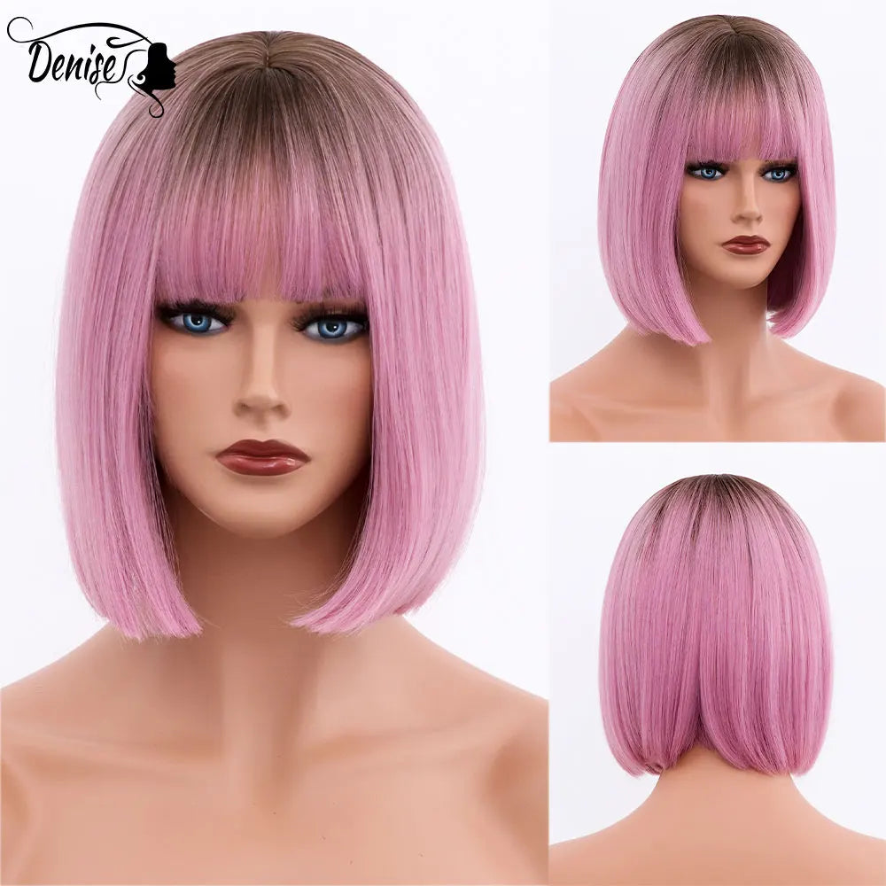 Bob Wig Straight Short Black To Blue Ombre Daily Synthetic Wigs For Women