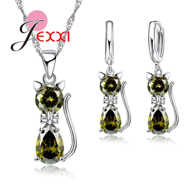 925 Sterling Silver Cute Cat Crystal Necklace Earrings Jewelry Sets