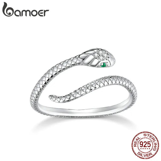 925 Sterling Silver Platinum Plated Adjustable Ring, Green Zircon Retro Textures Snake Ring