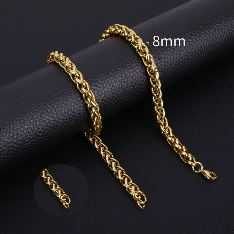 Gold Color Wheat Braided Stainless Steel Necklace Link Classic Curb Chain for Men Women Jewelry