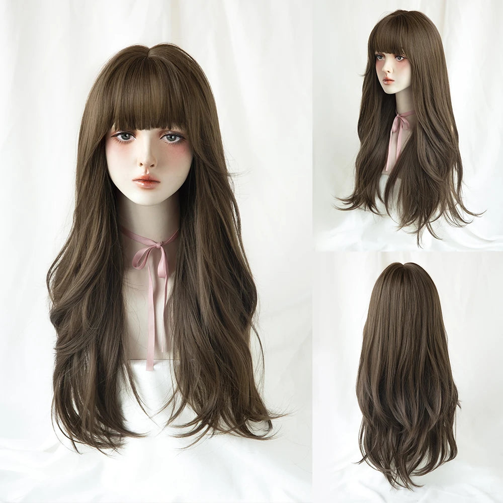 Long Curly Hair Women Wig with Bangs Daily Brown Black Pink ..