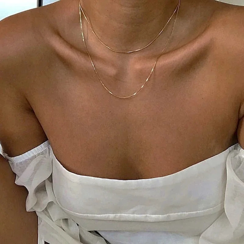 Round Snake Chain Necklace For Women Men Golden Stainless Steel Herringbone