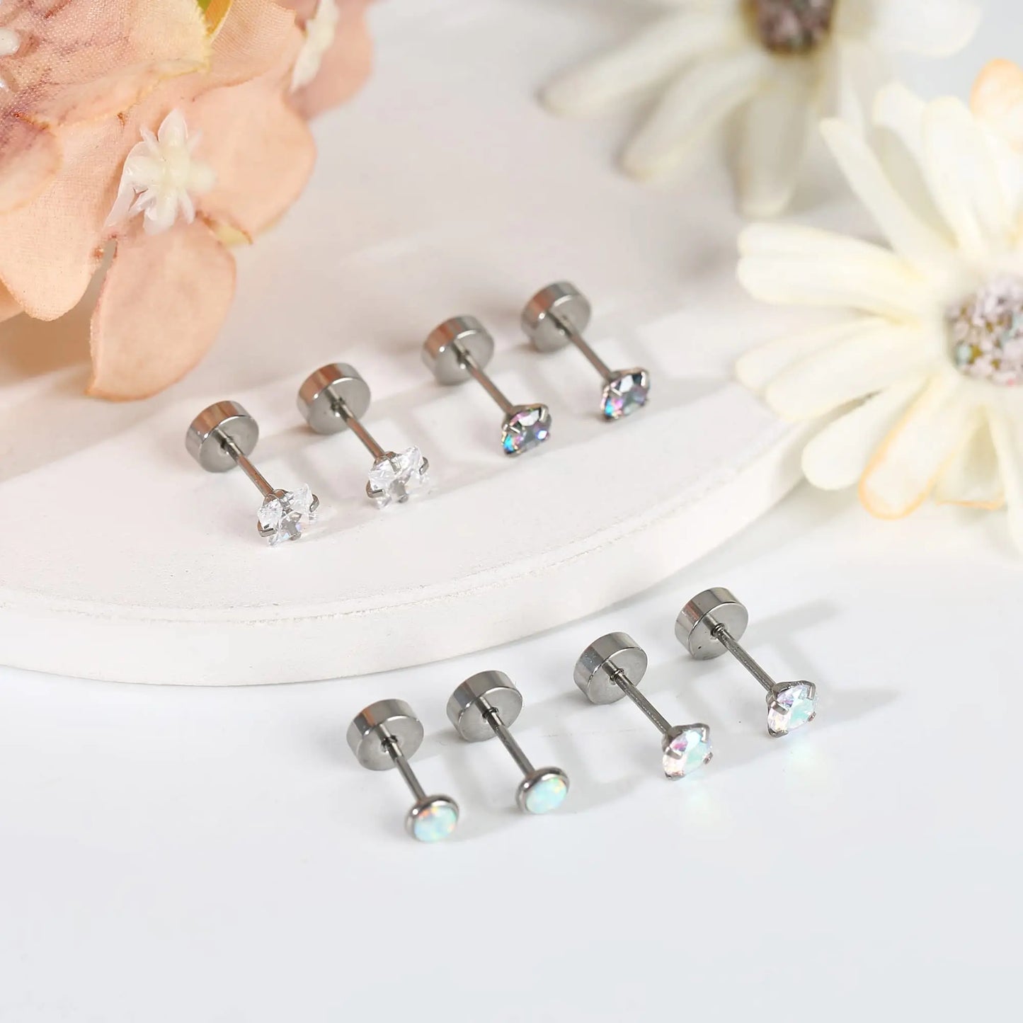 Fashion Stainless Steel Round Opal Cubic Zirconia Screw Flat Back Stud Earrings