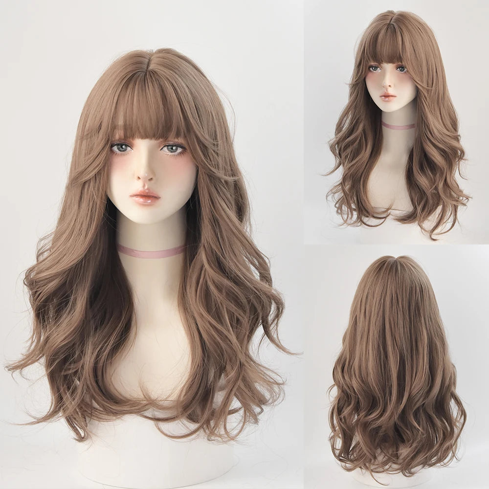 Long Curly Hair Women Wig with Bangs Daily Brown Black Pink ..