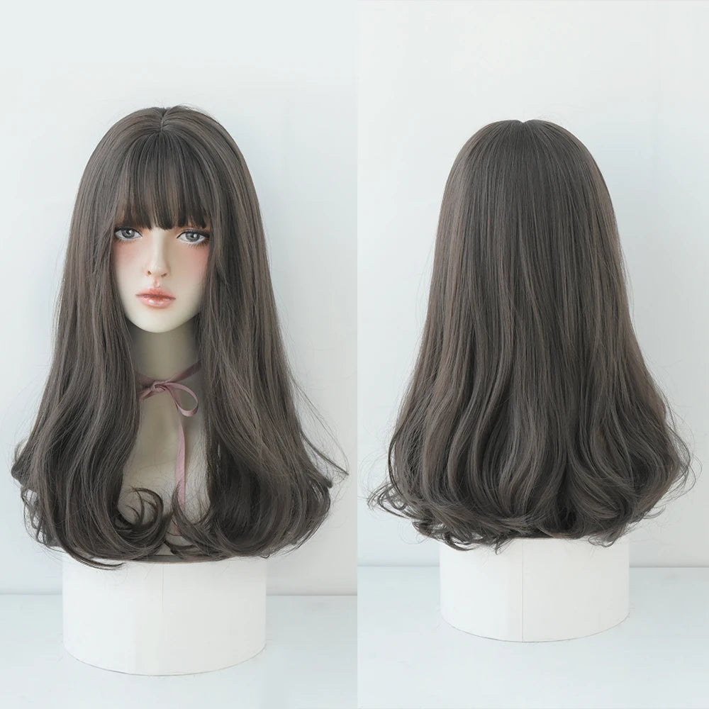 Long Curly Hair Women Wig with Bangs Daily Brown Black Pink ..