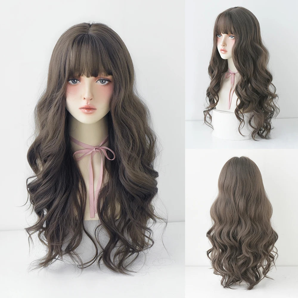 Long Curly Hair Women Wig with Bangs Daily Brown Black Pink ..