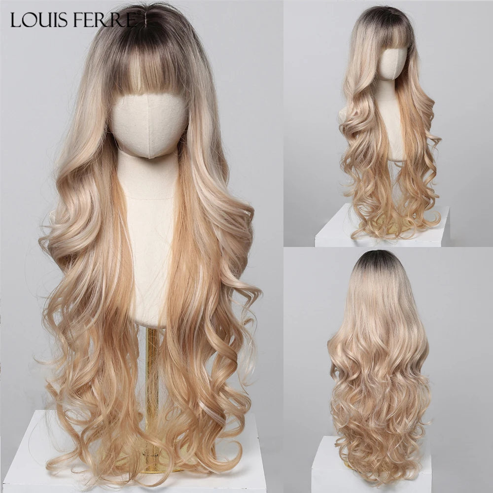 LOUIS FERRE Brown With Blonde Highlights Synthetic Wigs With Side Bangs