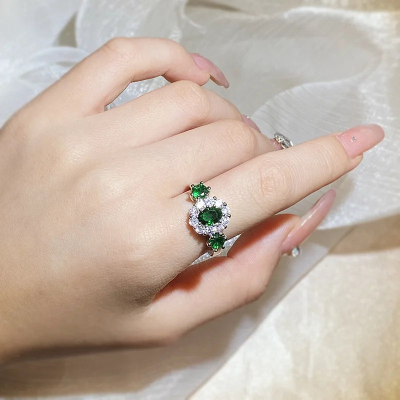 925 silver inlaid AAAAA zirconia green gemstone flowers engagement rings for women exquisite and sweet Jewelry