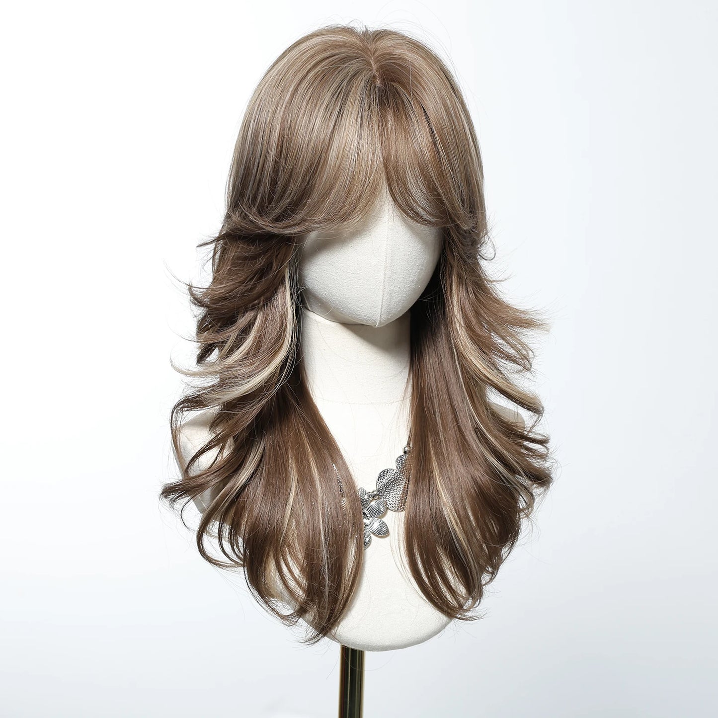 LOUIS FERRE Brown With Blonde Highlights Synthetic Wigs With Side Bangs