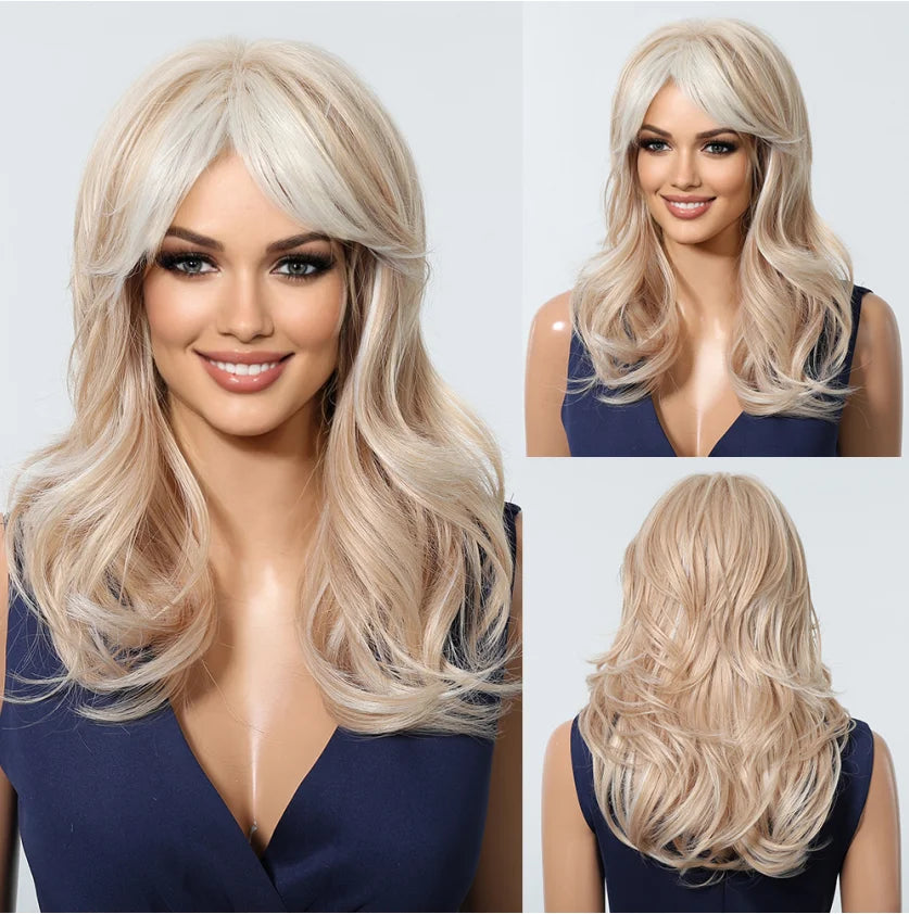 LOUIS FERRE Brown With Blonde Highlights Synthetic Wigs With Side Bangs