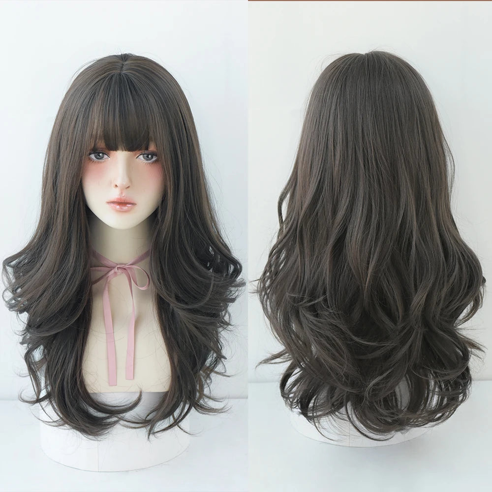 Long Curly Hair Women Wig with Bangs Daily Brown Black Pink ..
