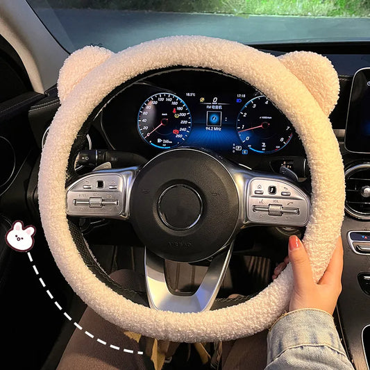 New Winter Warm Soft Plush Cartoon Bear Ear Car Interior Accessories 38cm Car Steering Wheel Cover Handble Cover