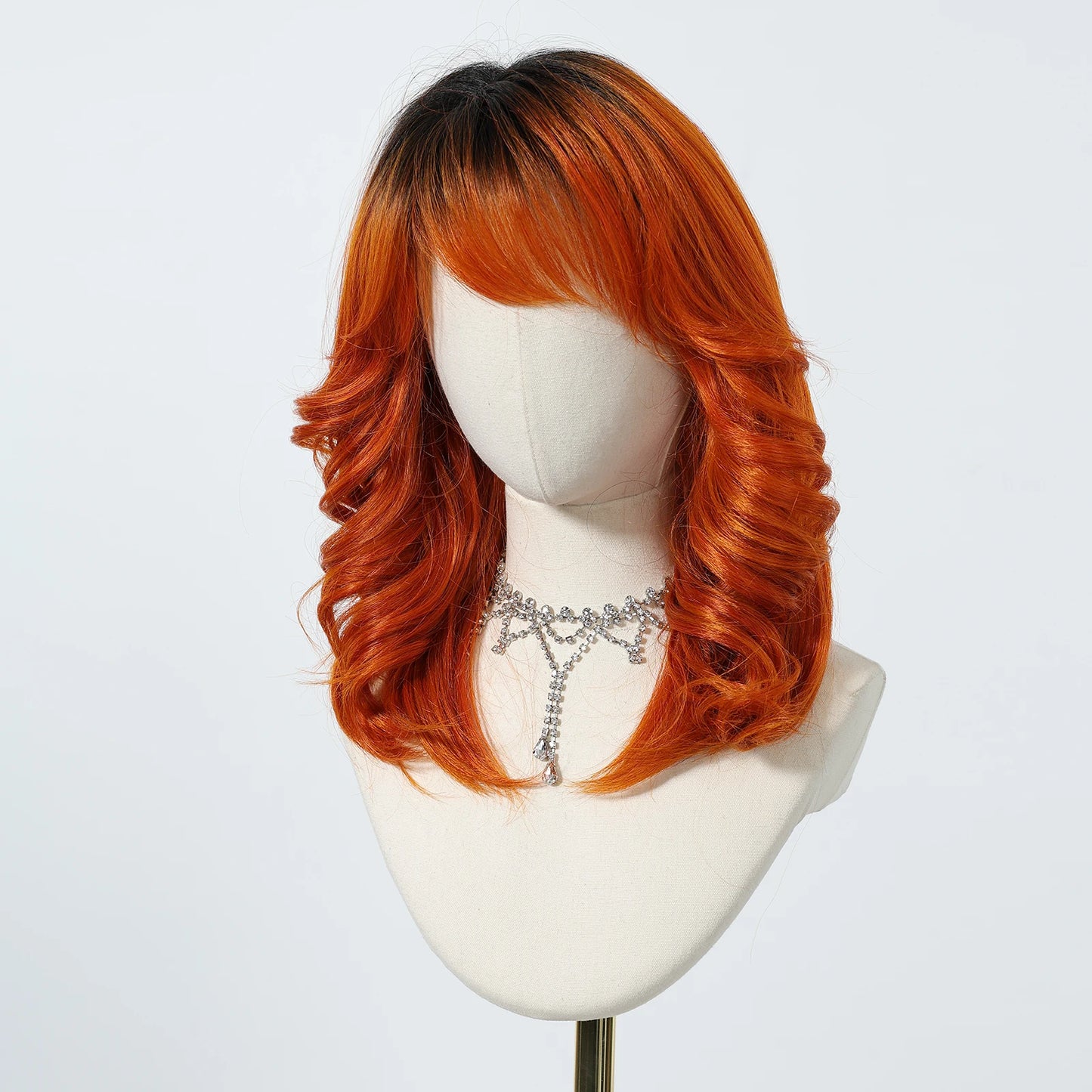 Brown to Orange Ombre Wavy Synthetic Wigs for Women Medium Length