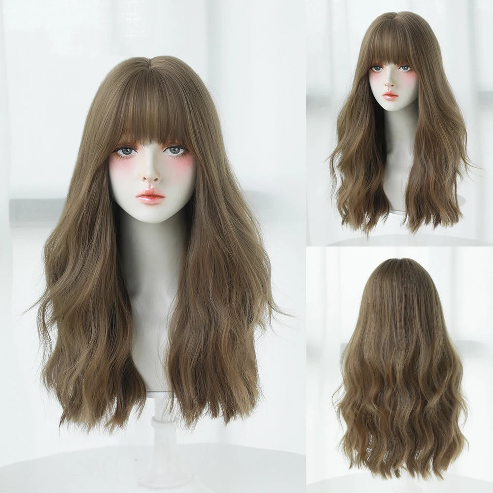 Long Curly Hair Women Wig with Bangs Daily Brown Black Pink ..