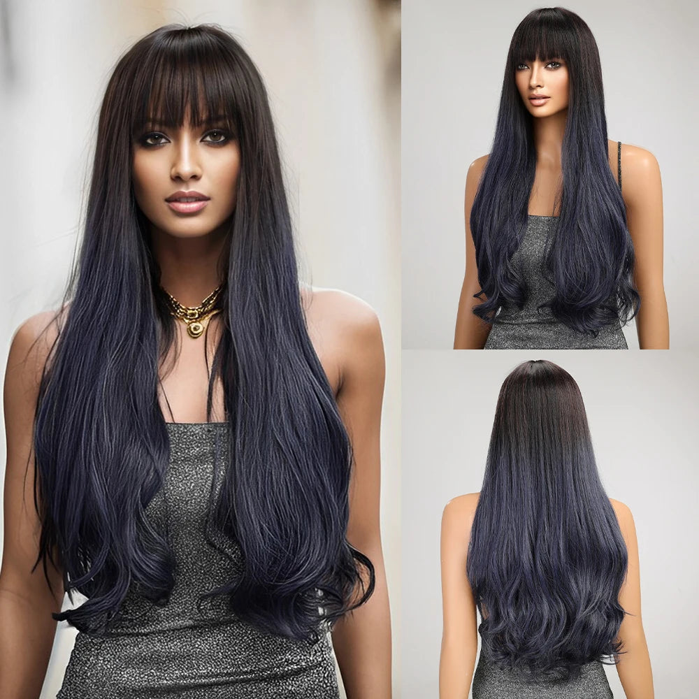 Long Wavy Curly Gray Brown Synthetic Wigs for Women