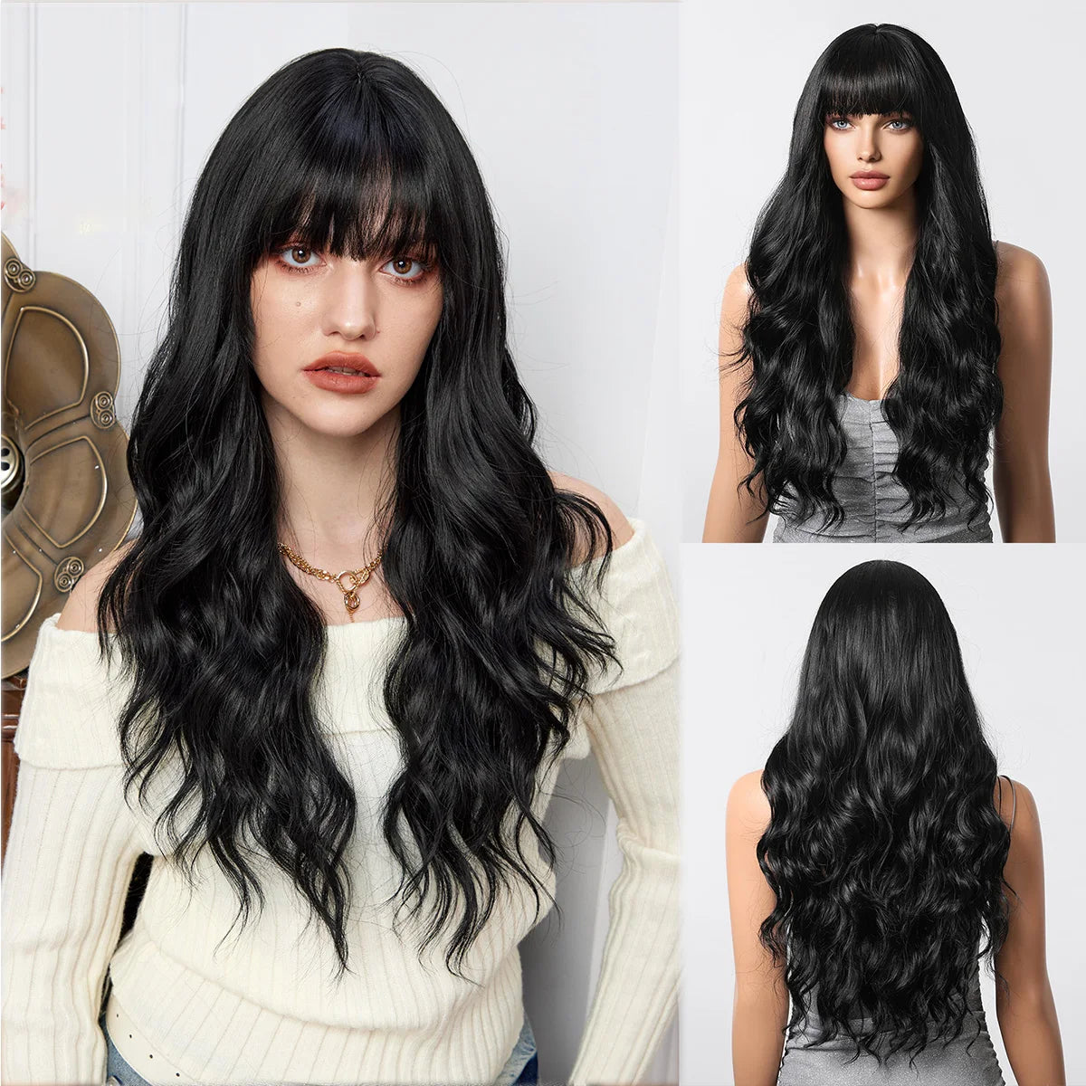 LOUIS FERRE Brown With Blonde Highlights Synthetic Wigs With Side Bangs